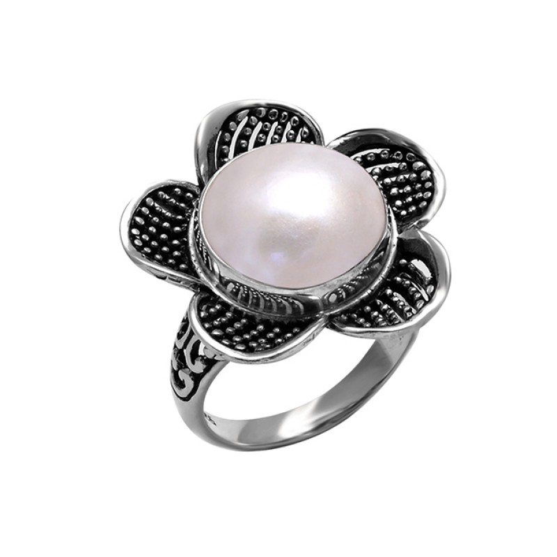 925 Sterling Silver Round Cabochon Pearl Gemstone Flower Designer Ring