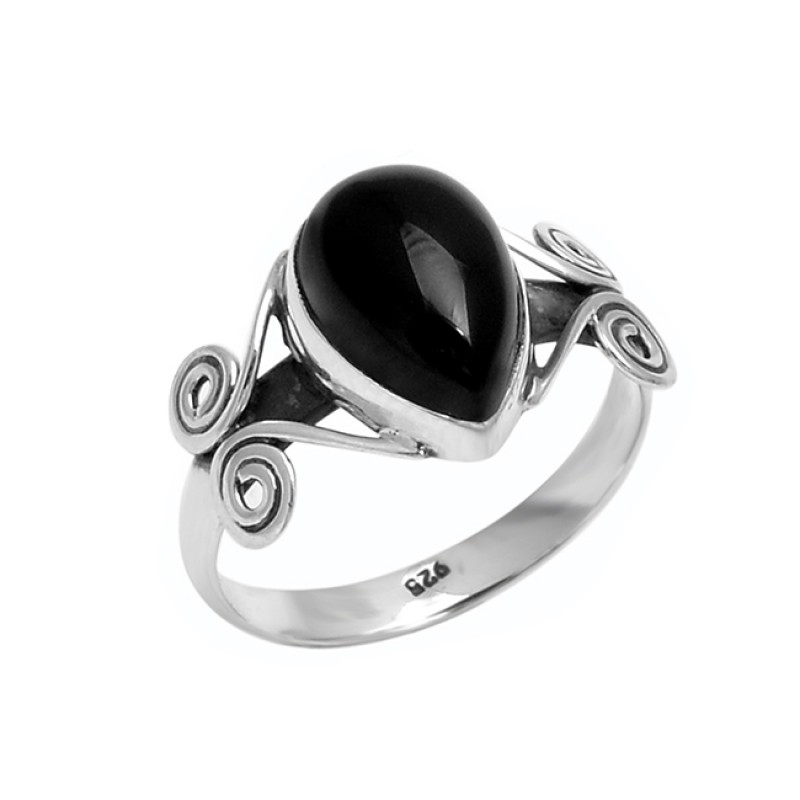Pear Cabochon Black Onyx Gemstone 925 Sterling Silver Stylish Designer Ring