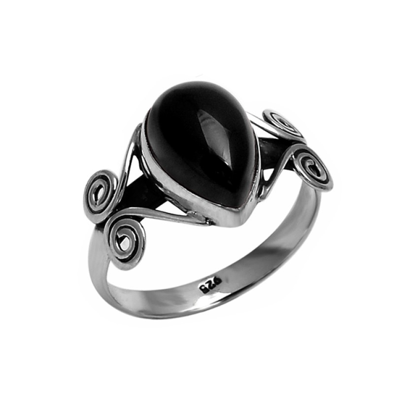 Pear Cabochon Black Onyx Gemstone 925 Sterling Silver Stylish Designer Ring