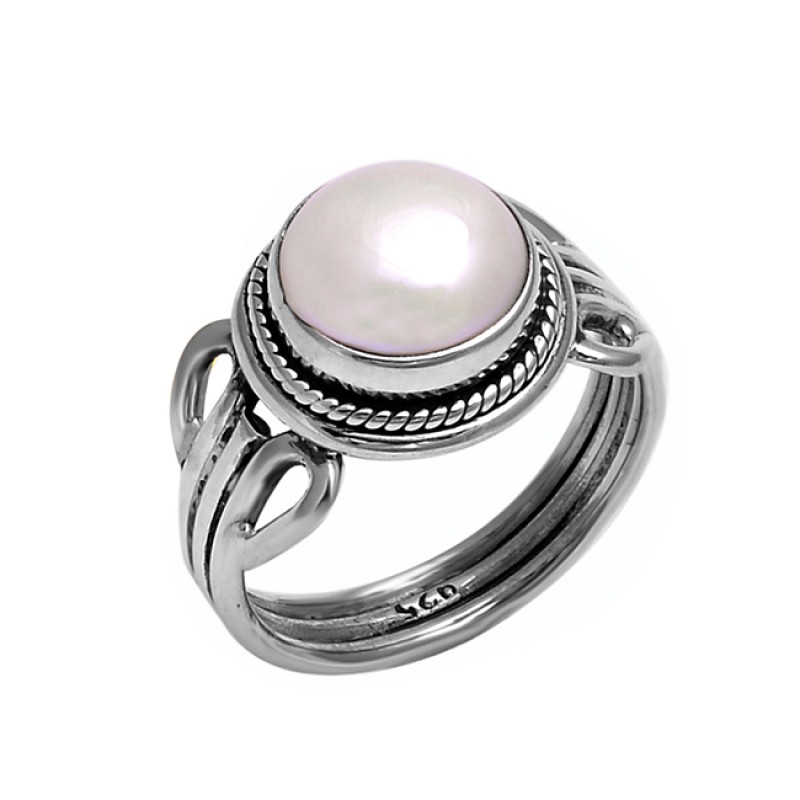 Cabochon Round Pearl Gemstone 925 Sterling Silver Handmade Designer Ring