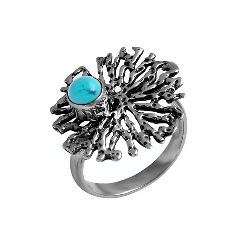 Round Cabochon Turquoise Gemstone 925 Sterling Silver Attractive Designer Ring