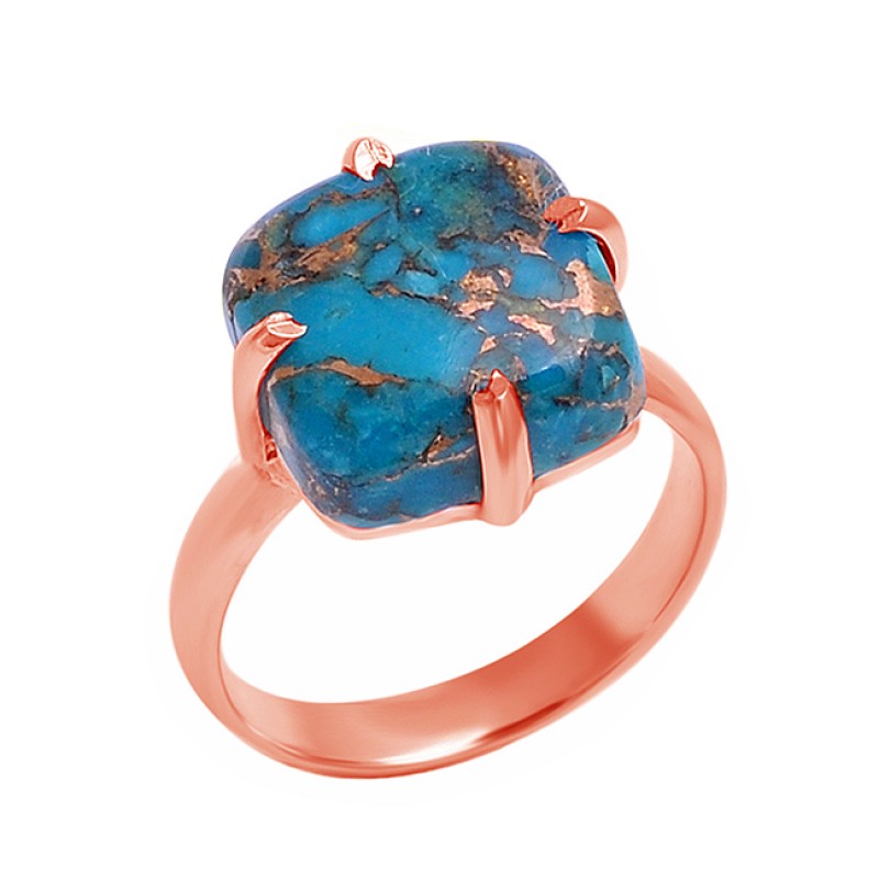 Cushion Shape Blue Copper Turquoise Gemstone 925 Sterling Silver Ring Jewelry