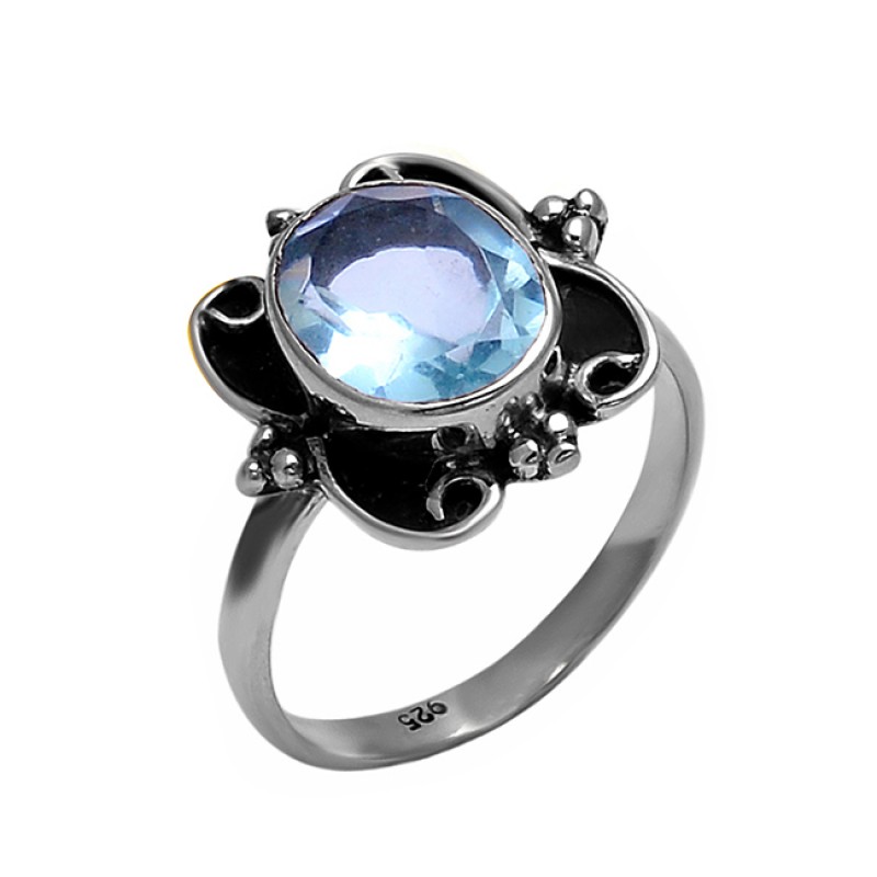925 Sterling Silver Blue Topaz Faceted Oval Shape Gemstone Black Oxidized Ring Jewelry