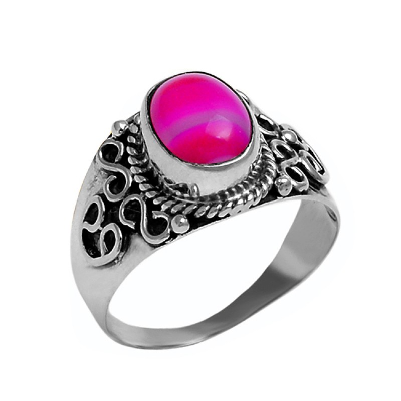 Oval Cabochon Pink Banded Agate Gemstone 925 Silver Black Oxidized Ring Jewelry
