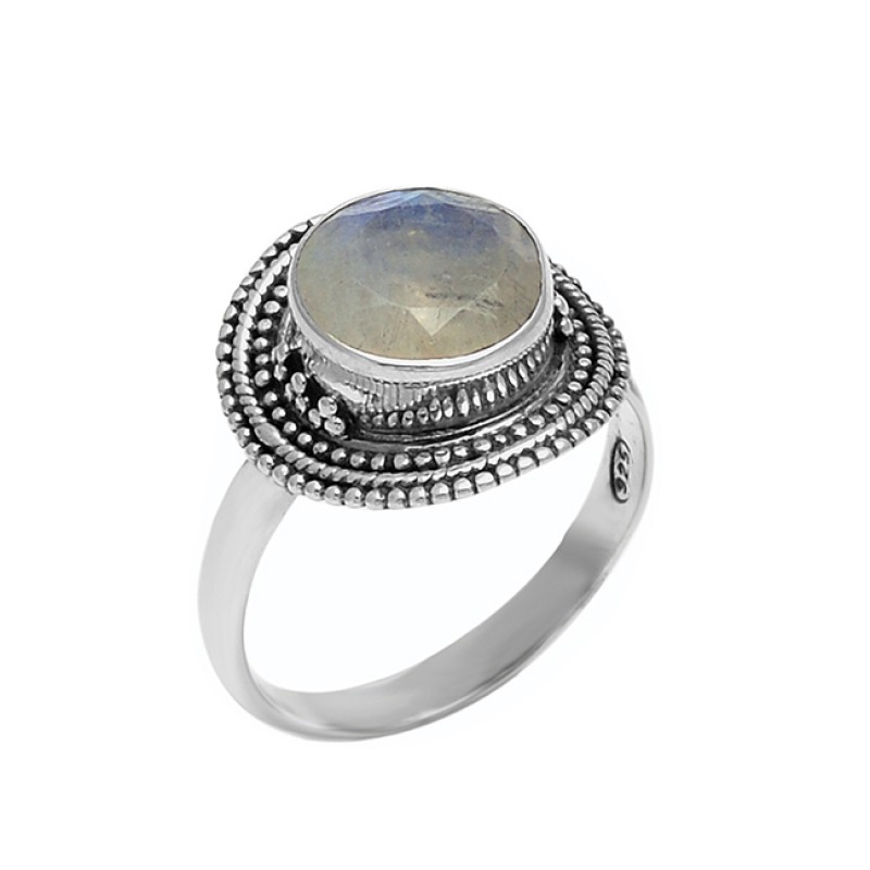 Round Shape Rainbow Moonstone Handcrafted Designer 925 Silver Black Oxidized Ring