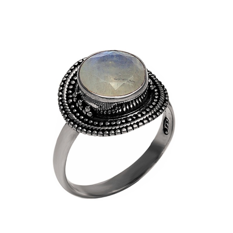 Round Shape Rainbow Moonstone Handcrafted Designer 925 Silver Black Oxidized Ring