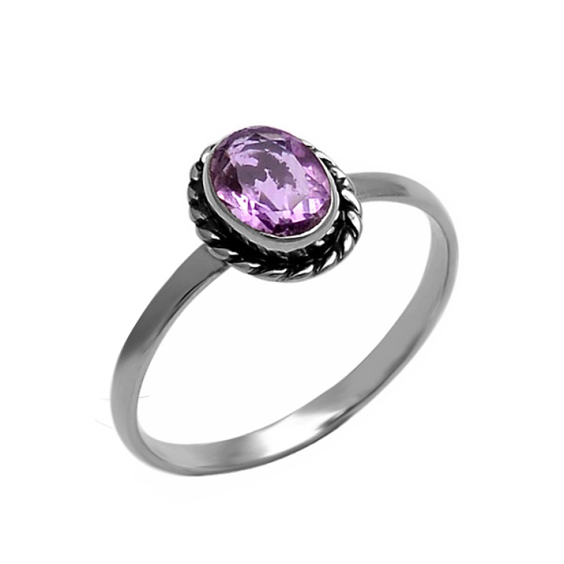 Faceted Oval Shape Amethyst Gemstone 925 Sterling Silver Black Oxidized Ring