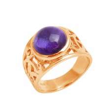 Cabochon Round Shape Amethyst Gemstone 925 Sterling Silver Ring