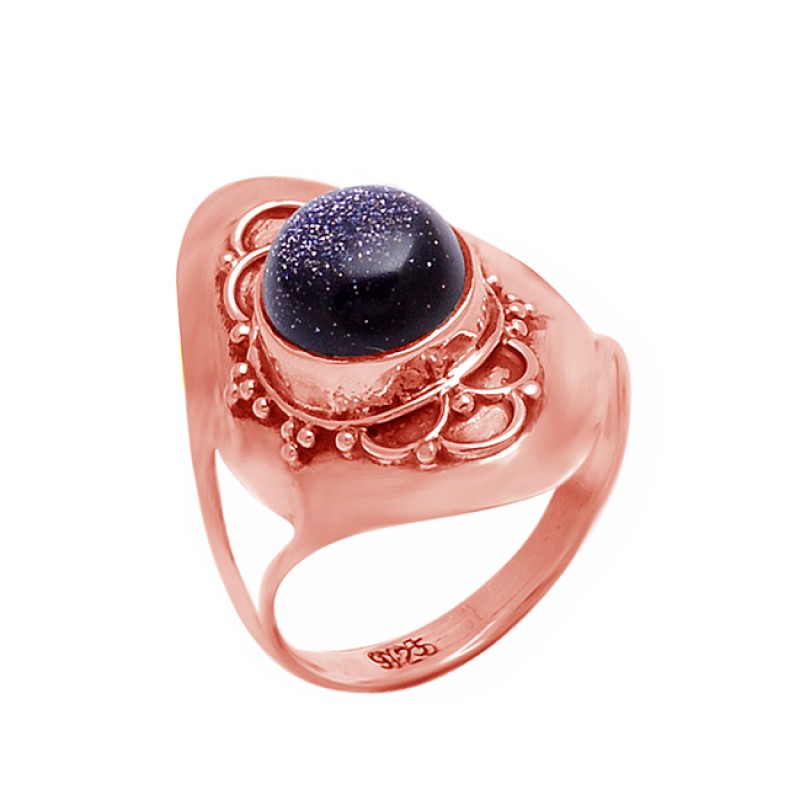 Round Cabochon Blue Sand Gemstone 925 Sterling Silver Designer Ring