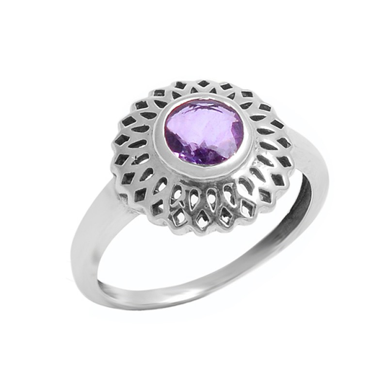 Stylish Handcrafted Designer Round Shape Amethyst Gemstone 925 Sterling Silver Ring