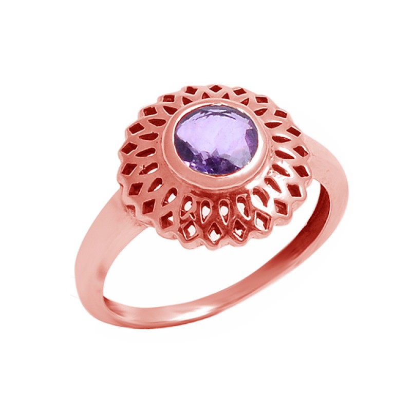 Stylish Handcrafted Designer Round Shape Amethyst Gemstone 925 Sterling Silver Ring