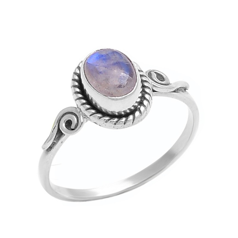 925 Sterling Silver Oval Shape Rainbow Moonstone Black Oxidized Ring Jewelry