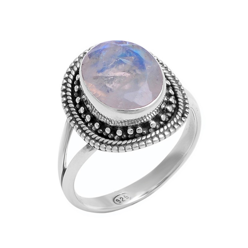 925 Sterling Silver Rainbow Moonstone Oval Shape Black Oxidized Designer Ring