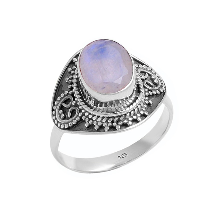 Oval Cabochon Rainbow Moonstone 925 Sterling Silver Designer Black Oxidized Ring