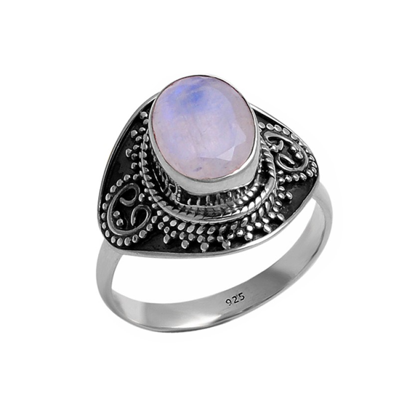 Oval Cabochon Rainbow Moonstone 925 Sterling Silver Designer Black Oxidized Ring
