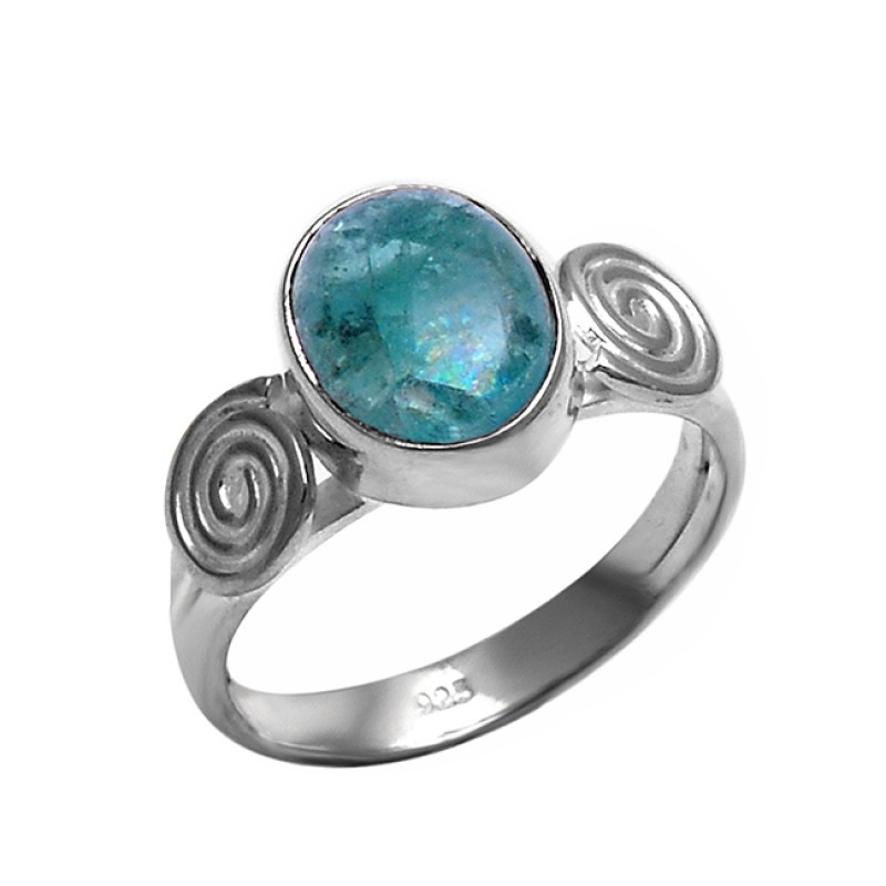 925 Sterling Silver Blue Apatite Oval Cabochon Gemstone Handcrafted Designer Ring