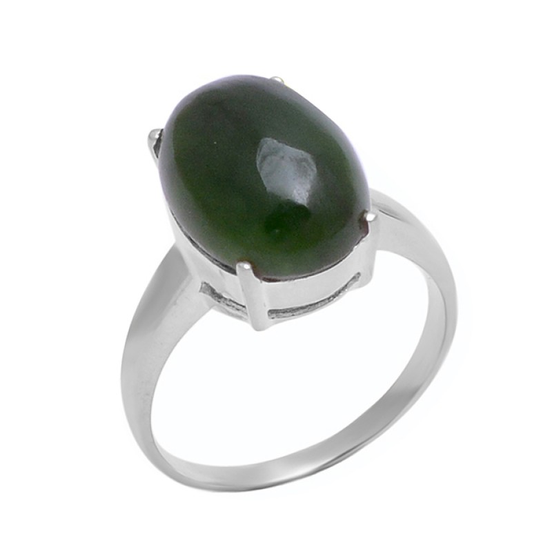 925 Sterling Silver Green Jade Oval Shape Gemstone Prong Setting Ring Jewelry