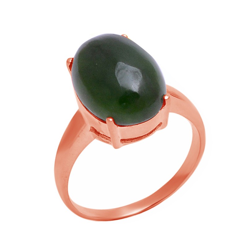 925 Sterling Silver Green Jade Oval Shape Gemstone Prong Setting Ring Jewelry