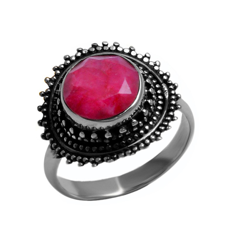 Faceted Round Ruby Gemstone 925 Sterling Silver Handmade Black Oxidized Ring Jewelry