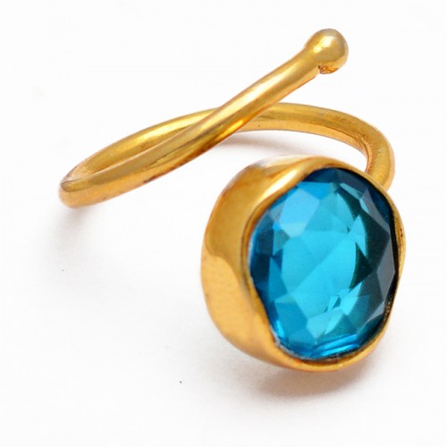 Round Shape Blue Quartz Gemstone 925 Silver Gold Plated Band Designer Ring