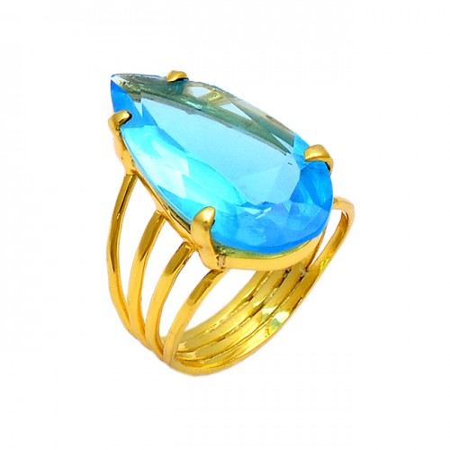 Faceted Pear Shape Blue Topaz Gemstone 925 Sterling Silver Gold Plated Ring