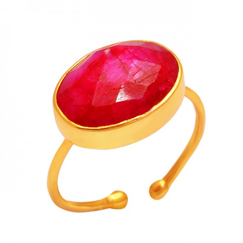 925 Sterling Silver Oval Shape Ruby Gemstone Gold Plated Adjustable Ring