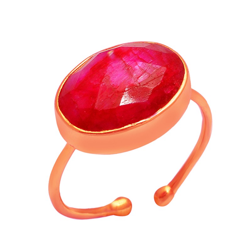 925 Sterling Silver Oval Shape Ruby Gemstone Gold Plated Adjustable Ring