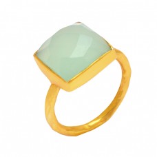 925 Sterling Silver Cushion Shape Aqua Chalcedony Gemstone Gold Plated Ring