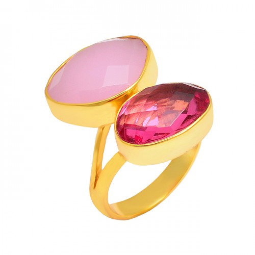 Oval Shape Pink Quartz Rose Chalcedony Gemstone 925 Silver Gold Plated Ring
