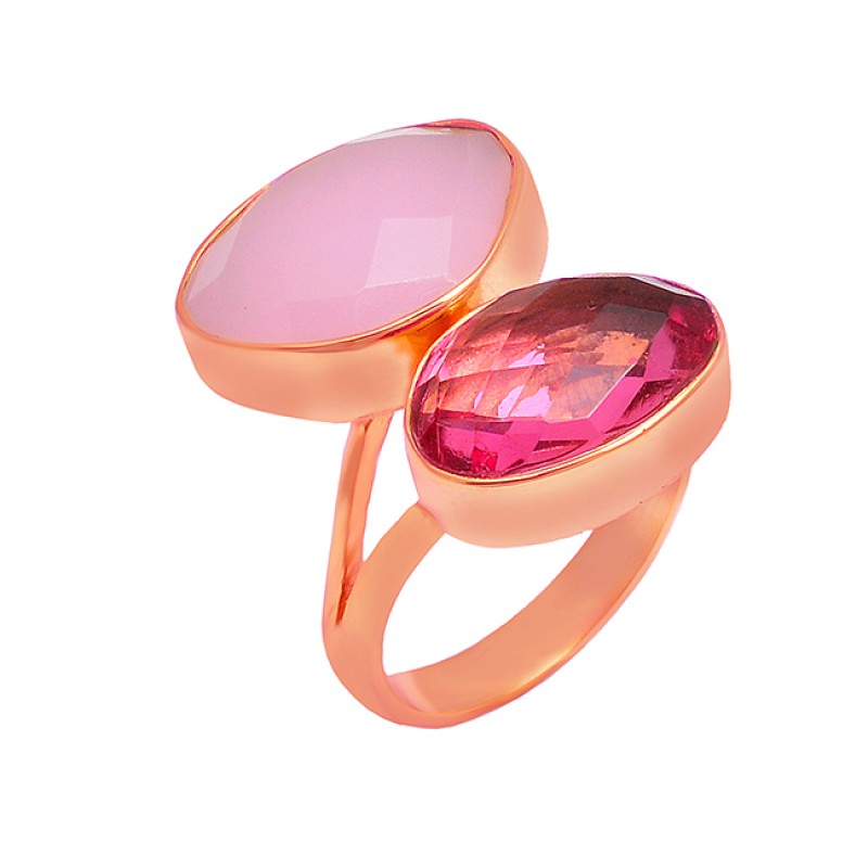 Oval Shape Pink Quartz Rose Chalcedony Gemstone 925 Silver Gold Plated Ring