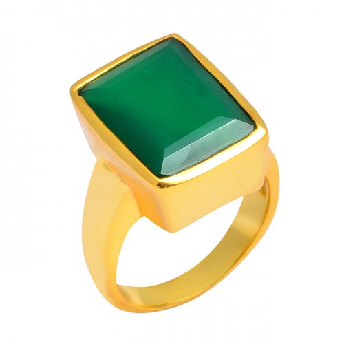 Green Onyx Rectangle Shape Gemstone 925 Sterling Silver Gold Plated Ring Jewelry