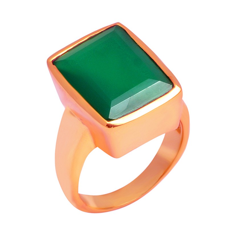 Green Onyx Rectangle Shape Gemstone 925 Sterling Silver Gold Plated Ring Jewelry
