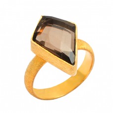 Kite Shape Smoky Quartz Gemstone 925 Sterling Silver Gold Plated Designer Ring