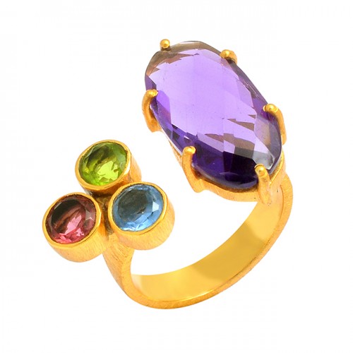 925 Sterling Silver Multi Color Faceted Gemstone Gold Plated Designer Ring jewelry