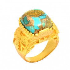 Turquoise Cushion Shape Gemstone 925 Silver Gold Plated Handmade Ring Jewelry