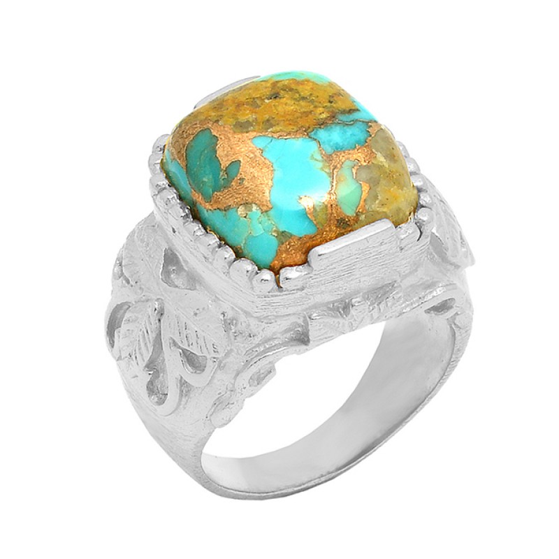 Turquoise Cushion Shape Gemstone 925 Silver Gold Plated Handmade Ring Jewelry