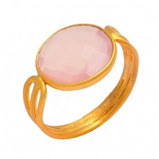 Rose Chalcedony Round Shape Gemstone 925 Sterling Silver Gold Plated Ring Jewelry