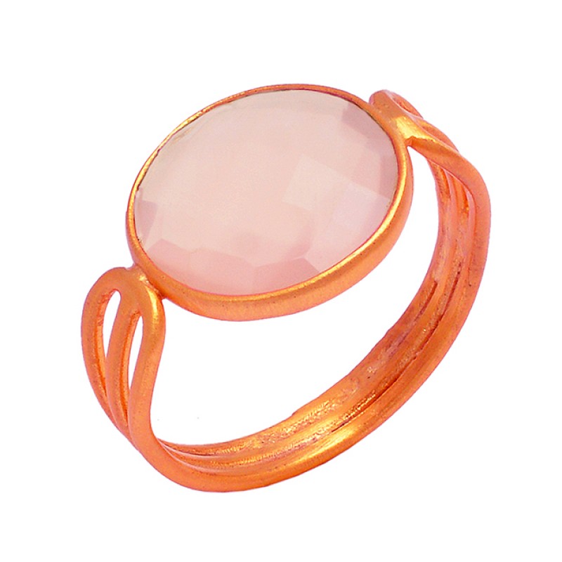 Rose Chalcedony Round Shape Gemstone 925 Sterling Silver Gold Plated Ring Jewelry