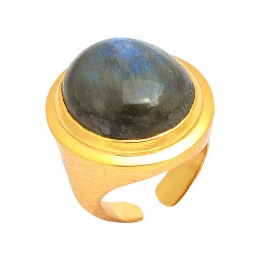 925 Sterling Silver Oval Cabochon Labradorite Gemstone Gold Plated Adjustable Ring