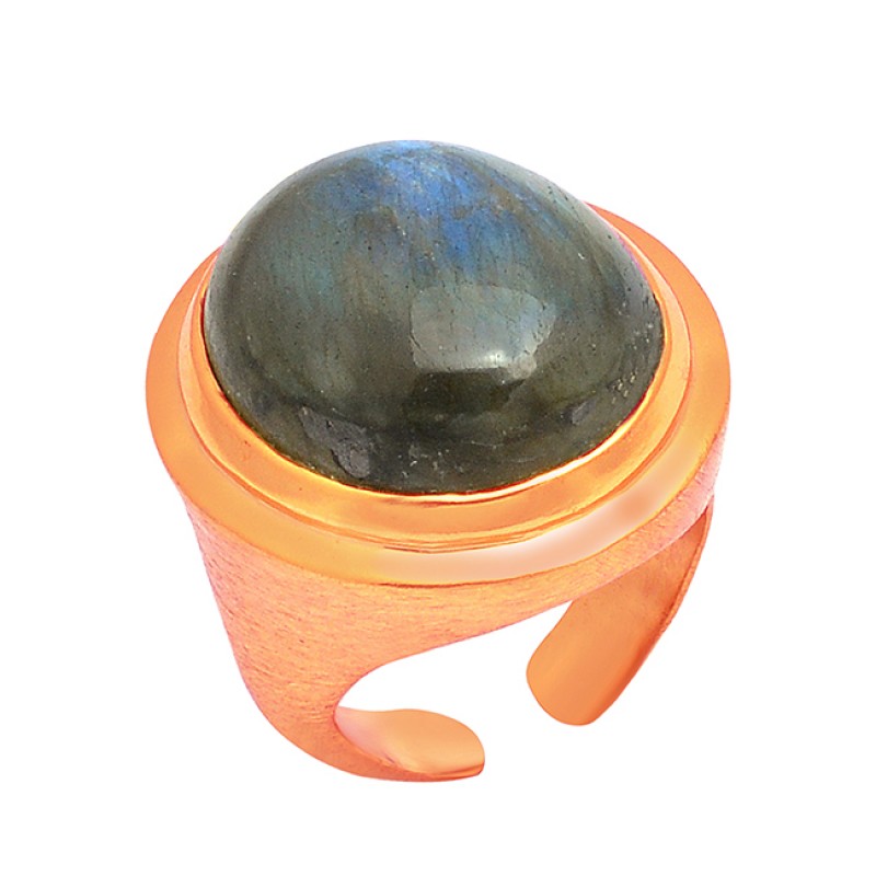 925 Sterling Silver Oval Cabochon Labradorite Gemstone Gold Plated Adjustable Ring
