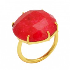 Round Shape Red Onyx Gemstone 925 Sterling Silver Gold Plated Prong Setting Ring
