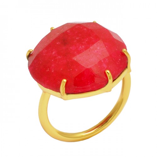 Round Shape Red Onyx Gemstone 925 Sterling Silver Gold Plated Prong Setting Ring