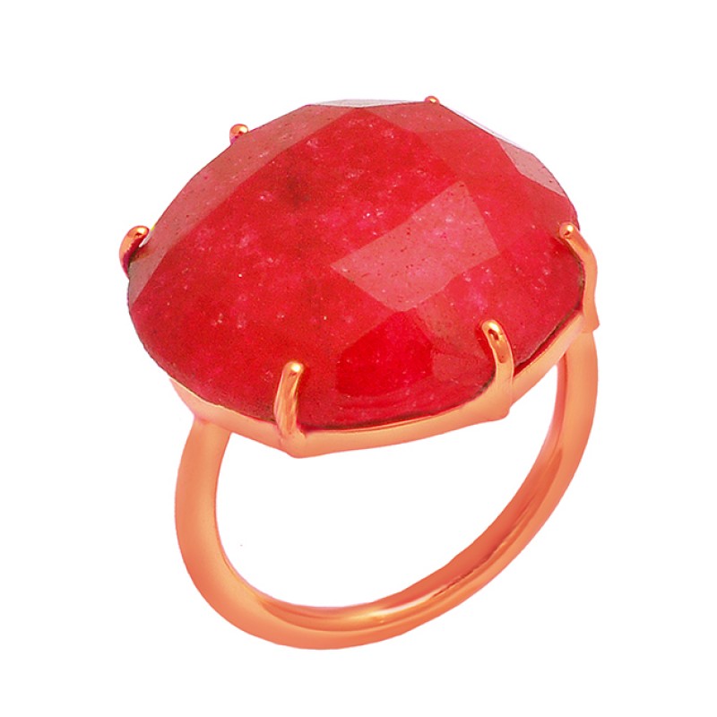 Round Shape Red Onyx Gemstone 925 Sterling Silver Gold Plated Prong Setting Ring