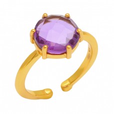 925 Sterling Silver Round Shape Amethyst Gemstone Gold Plated Ring Jewelry