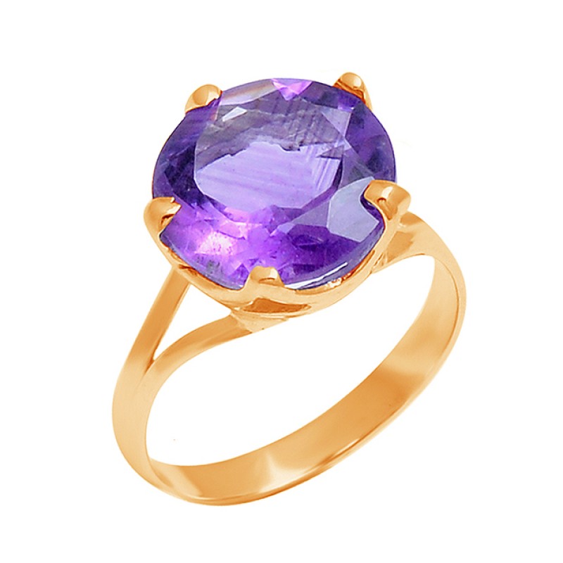 Faceted Round Shape Amethyst Gemstone 925 Sterling Silver Prong Setting Ring
