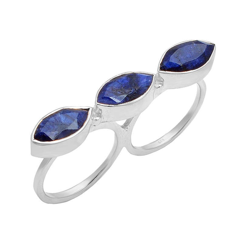 Marquise Shape Lapis Lazuli Gemstone 925 Silver Gold Plated Two Finger Designer Ring