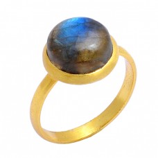 Round Cabochon Labradorite Gemstone 925 Sterling Silver Gold Plated Ring Jewelry