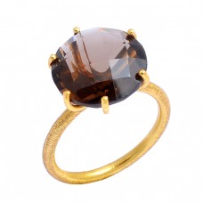 Smoky Quartz Round Shape Gemstone 925 Sterling Silver Gold Plated Prong Setting Ring