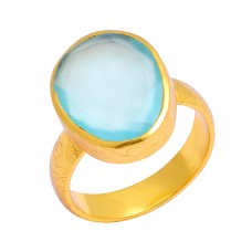 Aqua Chalcedony Oval Shape Gemstone 925 Sterling Silver Gold Plated Ring Jewelry