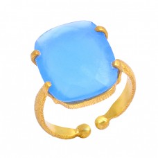 Rectangle Shape Blue Chalcedony Gemstone 925 Sterling Silver Gold Plated Ring